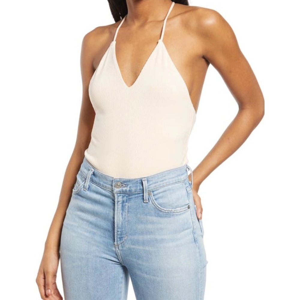 NEW Nordstrom AFRM Hara T-Back Ribbed Bodysuit Cream Tan Size Medium Ribbed Boho